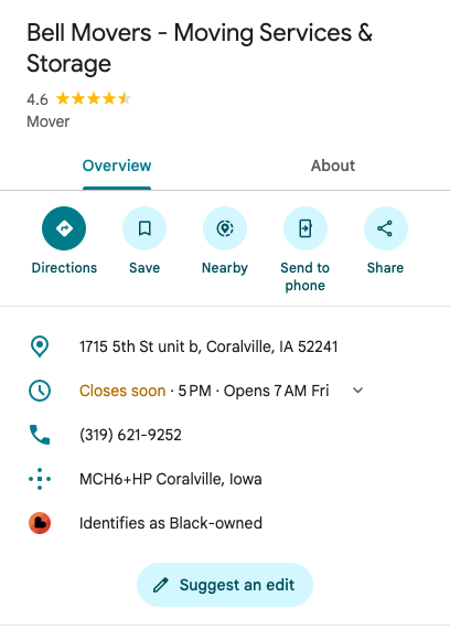 Google Maps profile details for Bell Movers